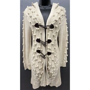 Womens Sweater M Ivory Cream Long Cardigan Toggle Hood Cotton Knit Boho Cottage